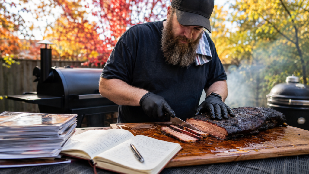 Bearded man in a cap slices smoked brisket on a wooden cutting board outdoors with autumn trees in the background.