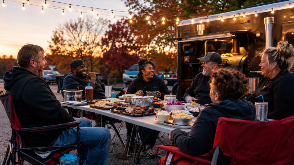 Group of friends and family seated around a folding table, sharing a sunset outdoor BBQ feast beside a food truck under string lights.