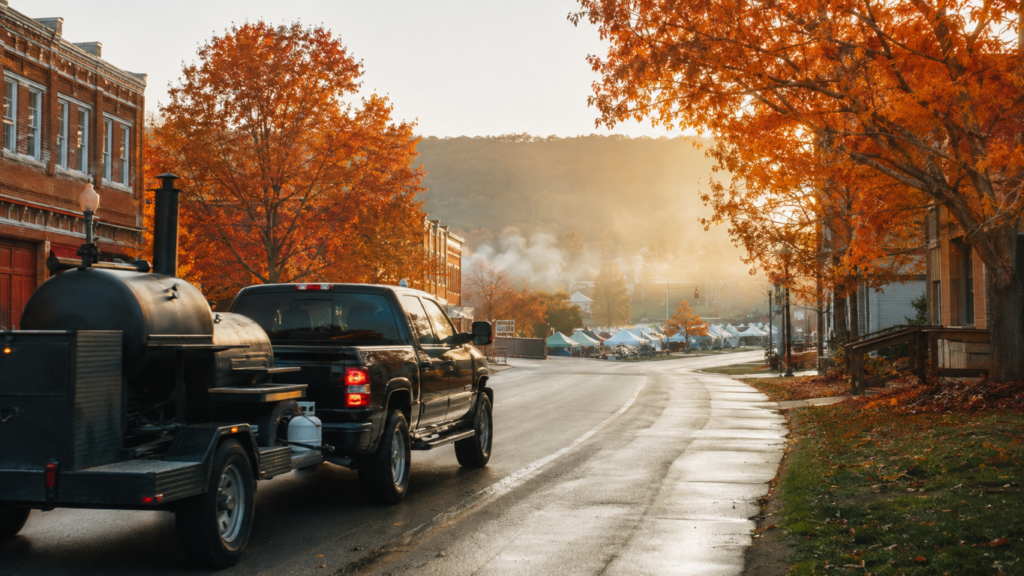 Black pickup truck towing a large outdoor smoker on a trailer along a fall-colored street with orange trees and morning light, tents visible in the distance.