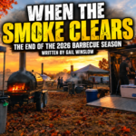Promotional banner for a BBQ story: 'When the Smoke Clears'—end of the 2026 barbecue season by Gail Winslow, shown at a sunset cookout with smokers and a mobile kitchen.
