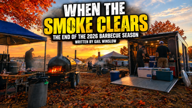 Promotional banner for a BBQ story: 'When the Smoke Clears'—end of the 2026 barbecue season by Gail Winslow, shown at a sunset cookout with smokers and a mobile kitchen.