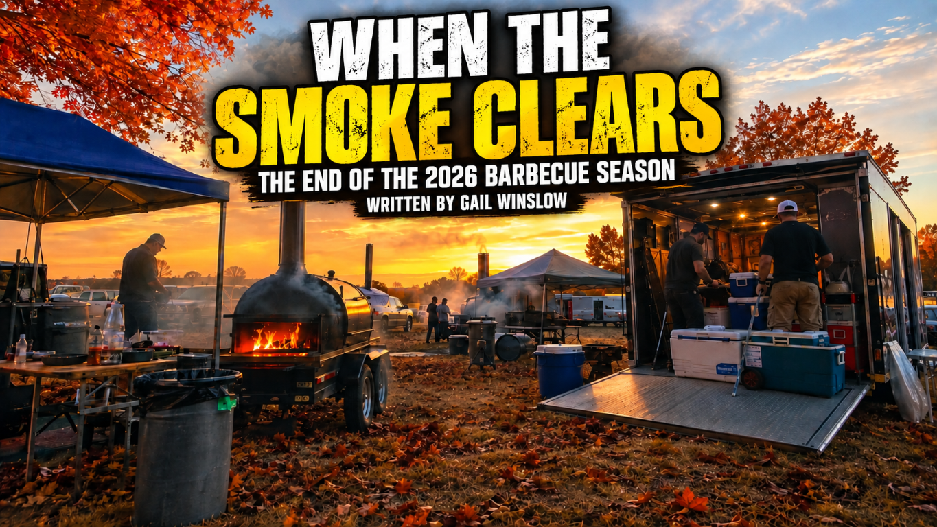 Promotional banner for a BBQ story: 'When the Smoke Clears'—end of the 2026 barbecue season by Gail Winslow, shown at a sunset cookout with smokers and a mobile kitchen.