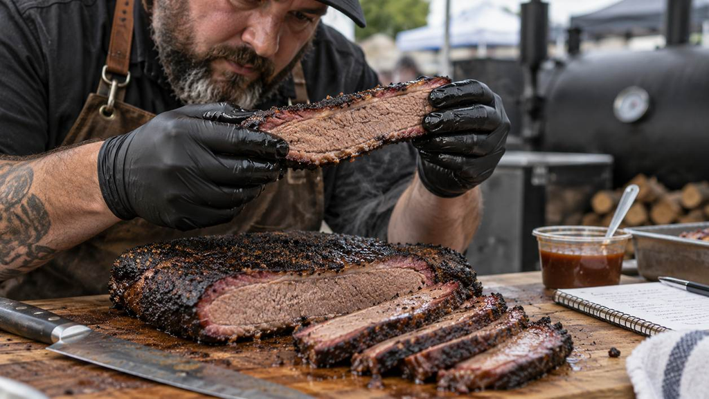 Close-up of a pitmaster gently testing a steaming brisket slice for tenderness beside a knife and timing notebook.