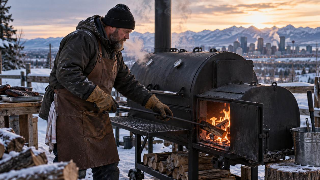 A determined Canadian pitmaster feeding an offset smoker during a cold Calgary sunrise.