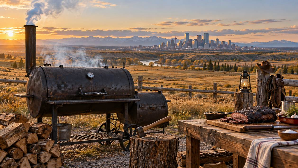 An offset smoker overlooking Calgary, with the skyline, prairie and Rocky Mountains in warm evening light.