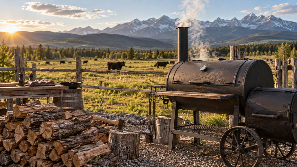 Cattle grazing near a smoking offset pit with Alberta foothills rising in the background.