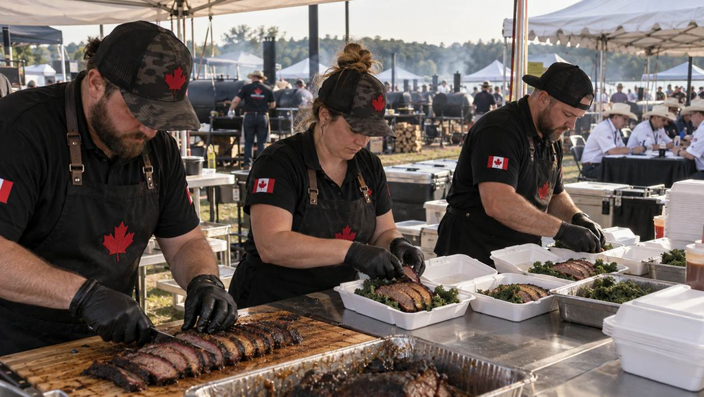 A Canadian team preparing brisket turn-in boxes beneath a competition canopy as smokers roll in the background.