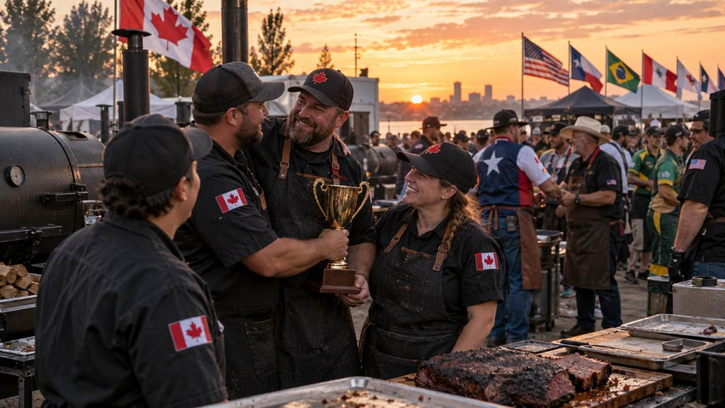 Canadian barbecue competitors celebrating with a trophy at sunset while teams from several countries gather nearby.