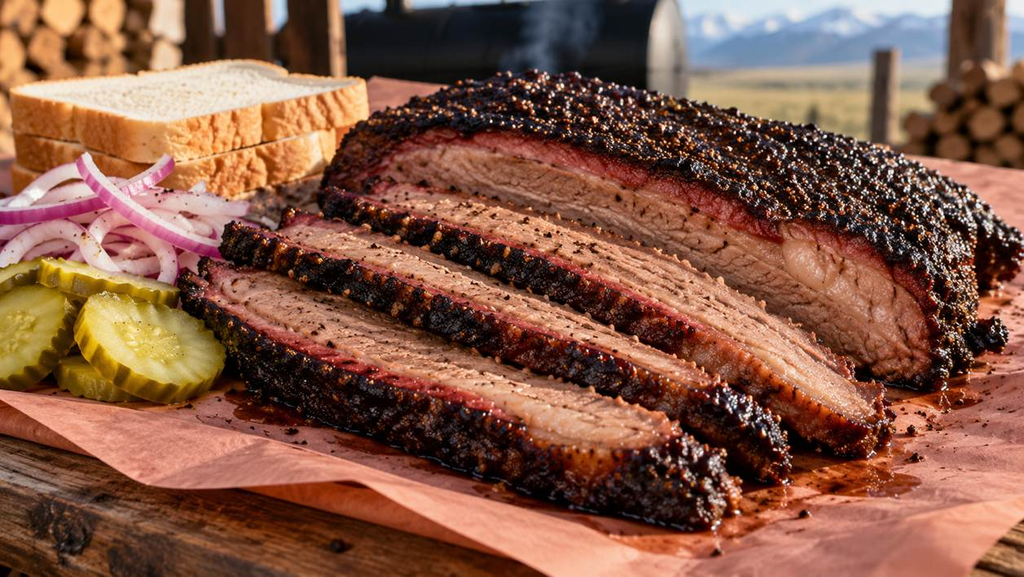 Picture suggestion: Finished pepper-crusted brisket served simply against the open Alberta landscape.